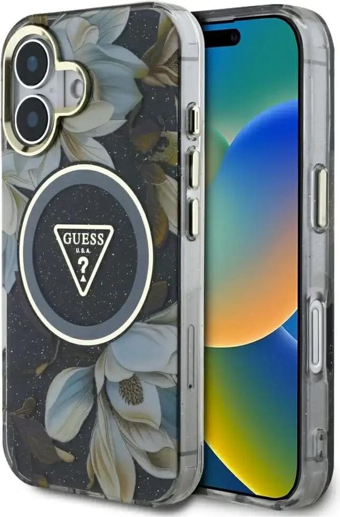 GUESS case passend für IPHONE 16 kompatibel mit MagSafe GUHMP16SHFLPEDK (IML Metal Glitter Flowers Triangle) black