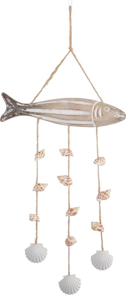 Mobile mit Fisch und Muscheln Mdf Holz 20,5x31cm Hängend Braun Weiß