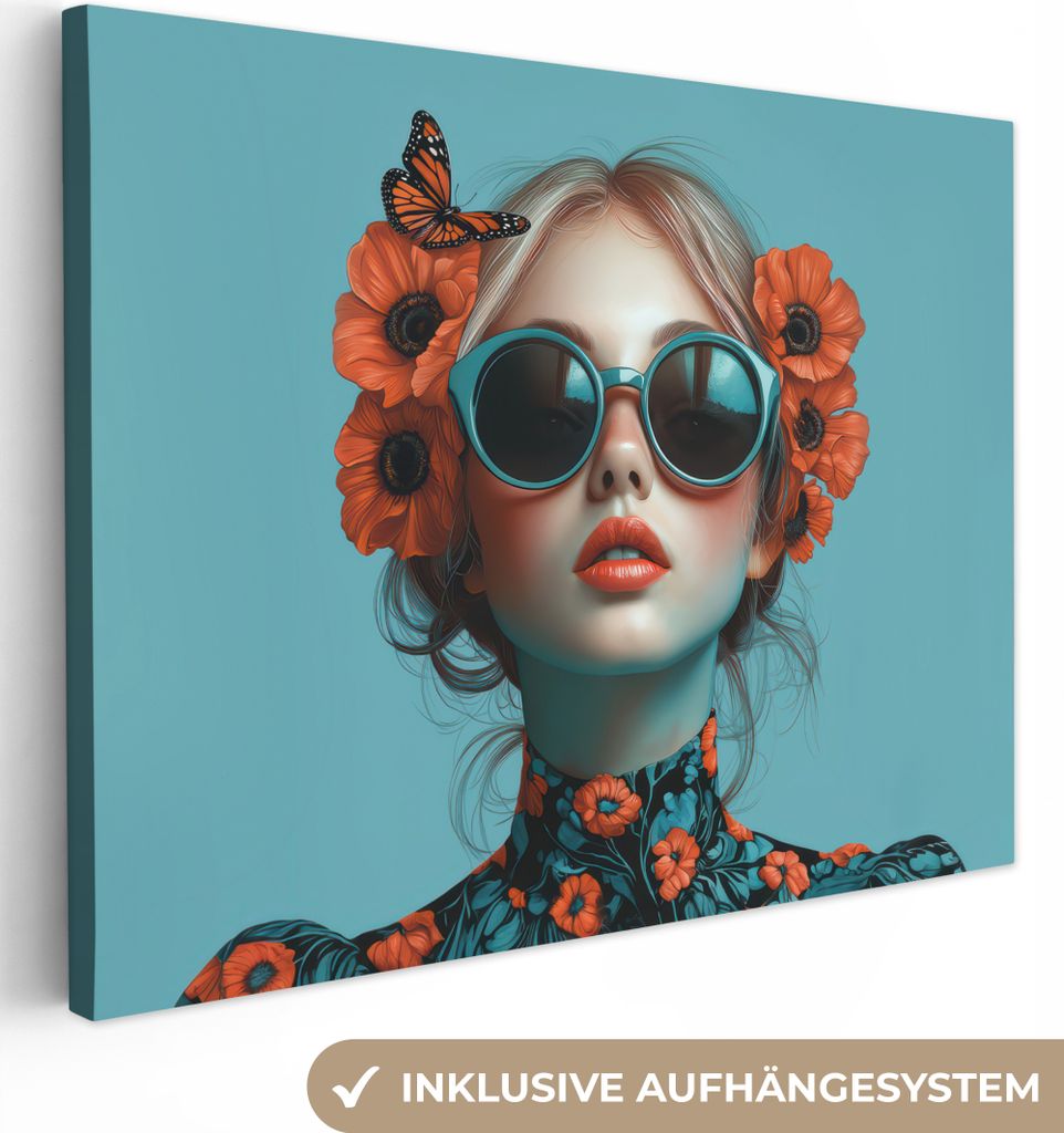 Leinwand Bilder 80x60 cm - Frauen, Abstrakt - Schmetterling - Blau, Wandbilder, Wanddeko Wohnzimmer, Bild