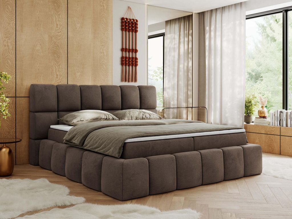 MKS MEBLE Boxspringbett, Doppelbett NIRA mit dekorativem Kopfteil, Multipocket-Matratze und Topper, Polsterbett mit Bettkästen - 140 x 200 cm - H3...