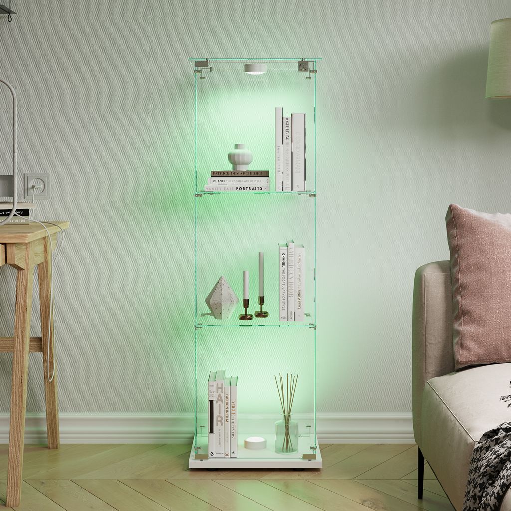UnboxG Glasvitrine Standvitrine Weiß mit LED- 123.3 x 35 x 39,8 cm 3 Glasböden rahmenlose Vollsicht Vitrine, höhenverstellbare Glasböden - Vitr...
