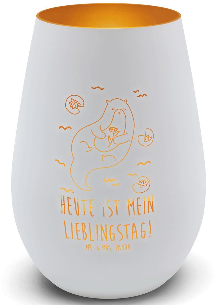 Mr. & Mrs. Panda Teelichthalter Glas Otter Seerose - Weiß - Geschenk, Fluss, Kerzenglas, Laterne, Windlicht, Kerzenhalter, Seeotter, Lieblingstag,...