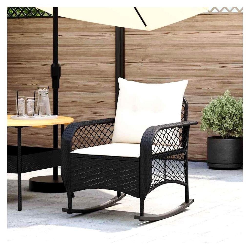 Garten-Schaukelstuhl mit Kissen, PE-Rattan, pulverbeschichteter Stahlrahmen, Relaxsessel für Garten und Balkon, Schwarz, 67 x 75 x 75 cm