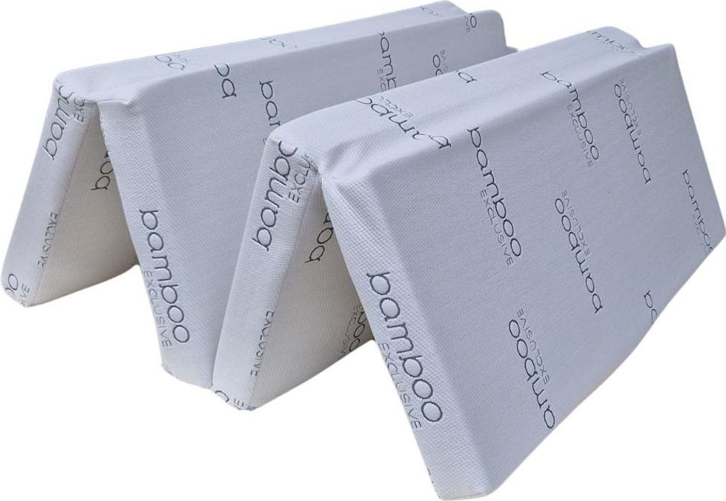A folded mattress with "bamboo exclusive" branding.