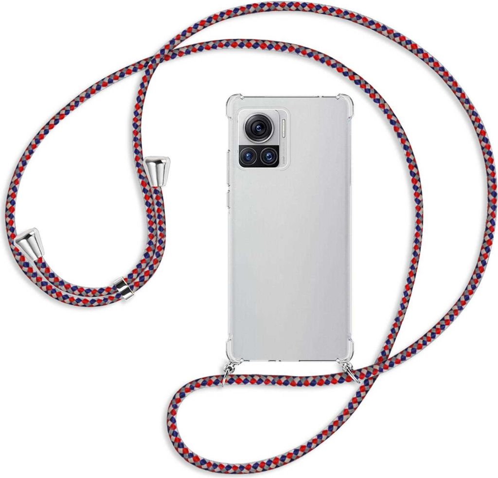 Handykette Backcover-Schutzhülle mit Band (Metall silberfarben) für Motorola Edge 30 Ultra, Moto X30 Pro - silber/blau/rot