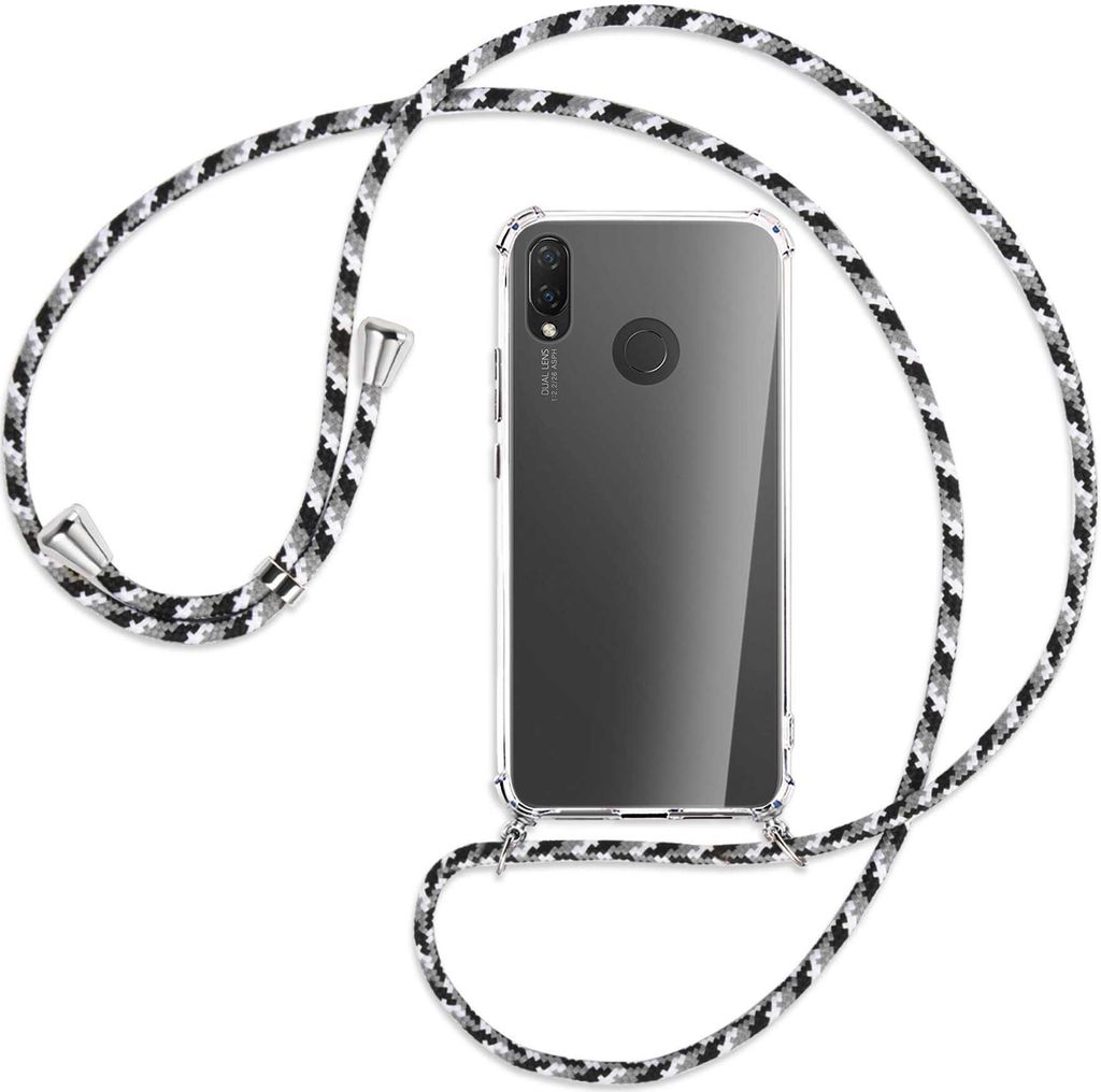 Handykette Backcover-Schutzhülle mit Band (Metall silberfarben) für Huawei P Smart Plus, nova 3 / 3i - schwarz/grau/weiß