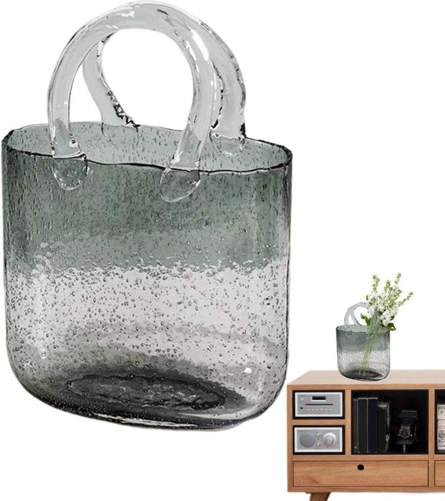 Groß Glas-Geldbörsen-Vase, Glas-Taschen-Vase mit Griff, Blumenvase