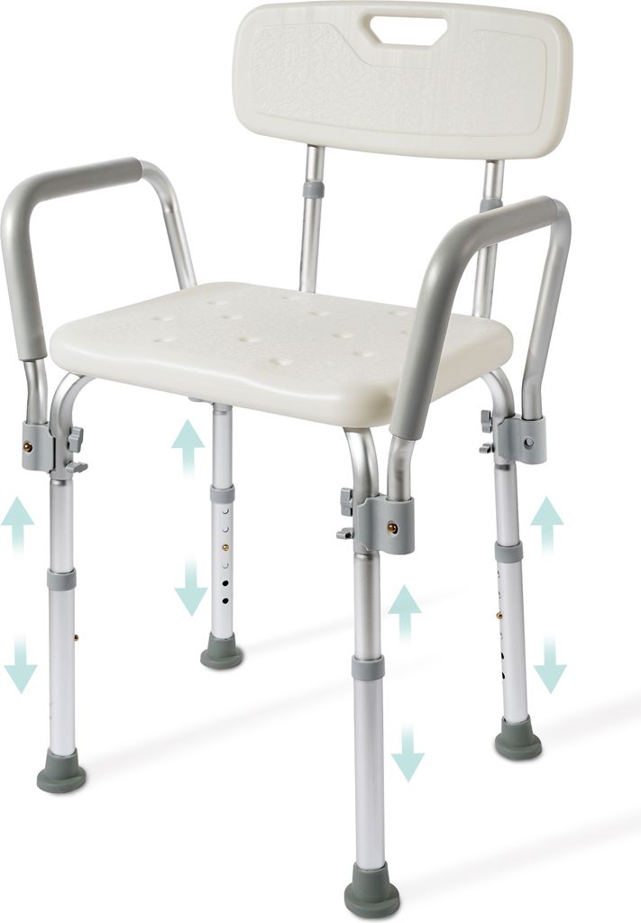 A white shower chair with armrests and a backrest, set against a white background.