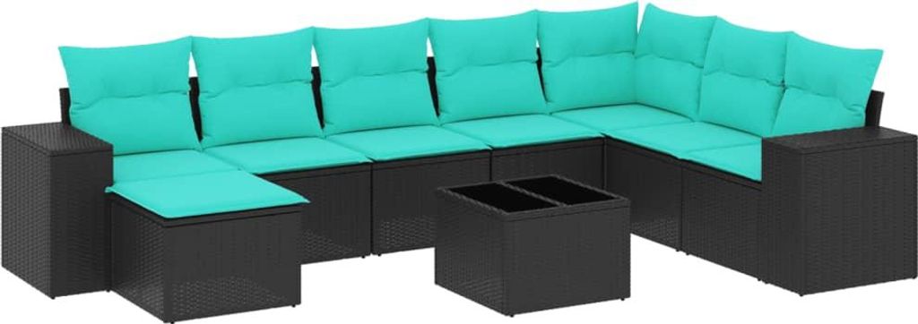 9-teiliges Gartensofa-Set mit Kissen, schwarzes Polyrattan