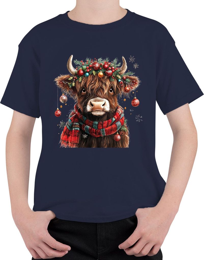 Schottische Hochlandkuh Weihnachten festlich Bauernhof Geschenk Uni Kinder T-Shirt, Navy, 140