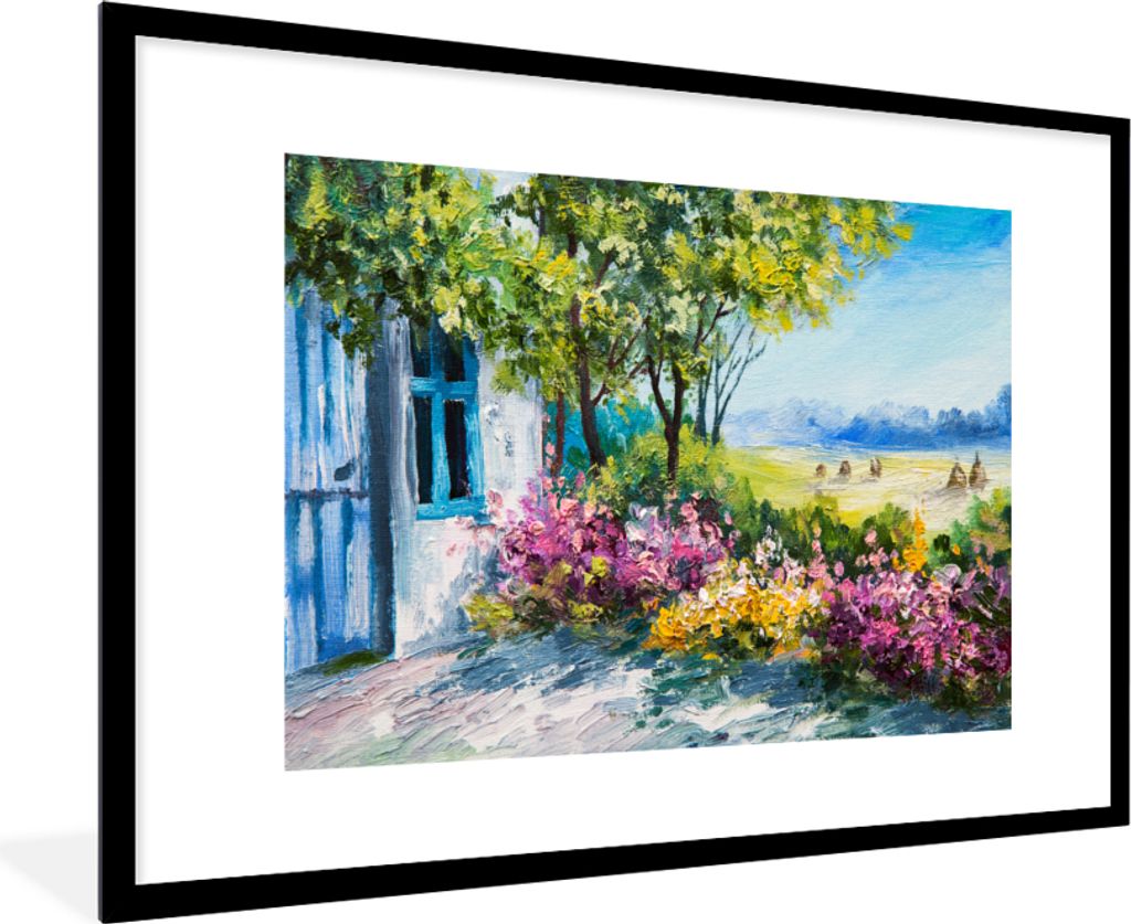 MuchoWow Gerahmtes Poster Malerei - Pflanzen - Blumen - Haus - Öl 90x60 cm - Poster mit Schwarzem Bilderrahmen Wandposter Rahmen Foto Bilder - W...
