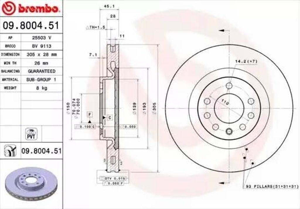 BREMBO 09.8004.51 Bremsscheibe OE 569084 kompatibel mit Corsa D