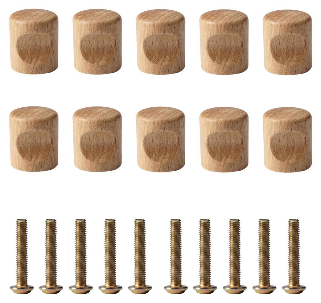 10 runde Holzknöpfe, 20 x 24 mm, geschnitzte Schrankknöpfe, Möbelgriffe aus Naturholz, runde Massivholzknöpfe mit 10 Schrauben, Schubladengriff...