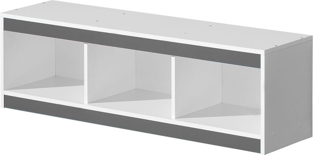 Kinderzimmer - Hängeregal / Wandregal Walter 10, Farbe: Weiß / Grau Hochglanz - 41 x 120 x 32 cm (H x B x T)