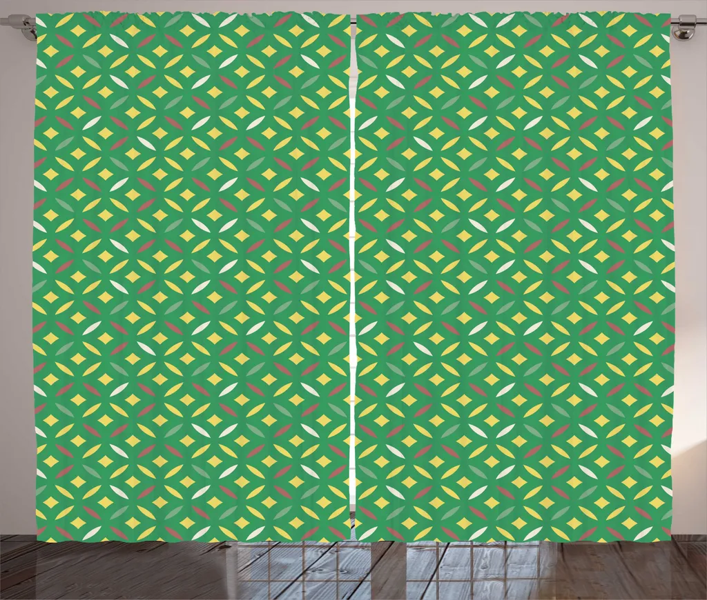 Paire de rideaux de salon à motifs géométriques vert et jaune 280 x 225 cm