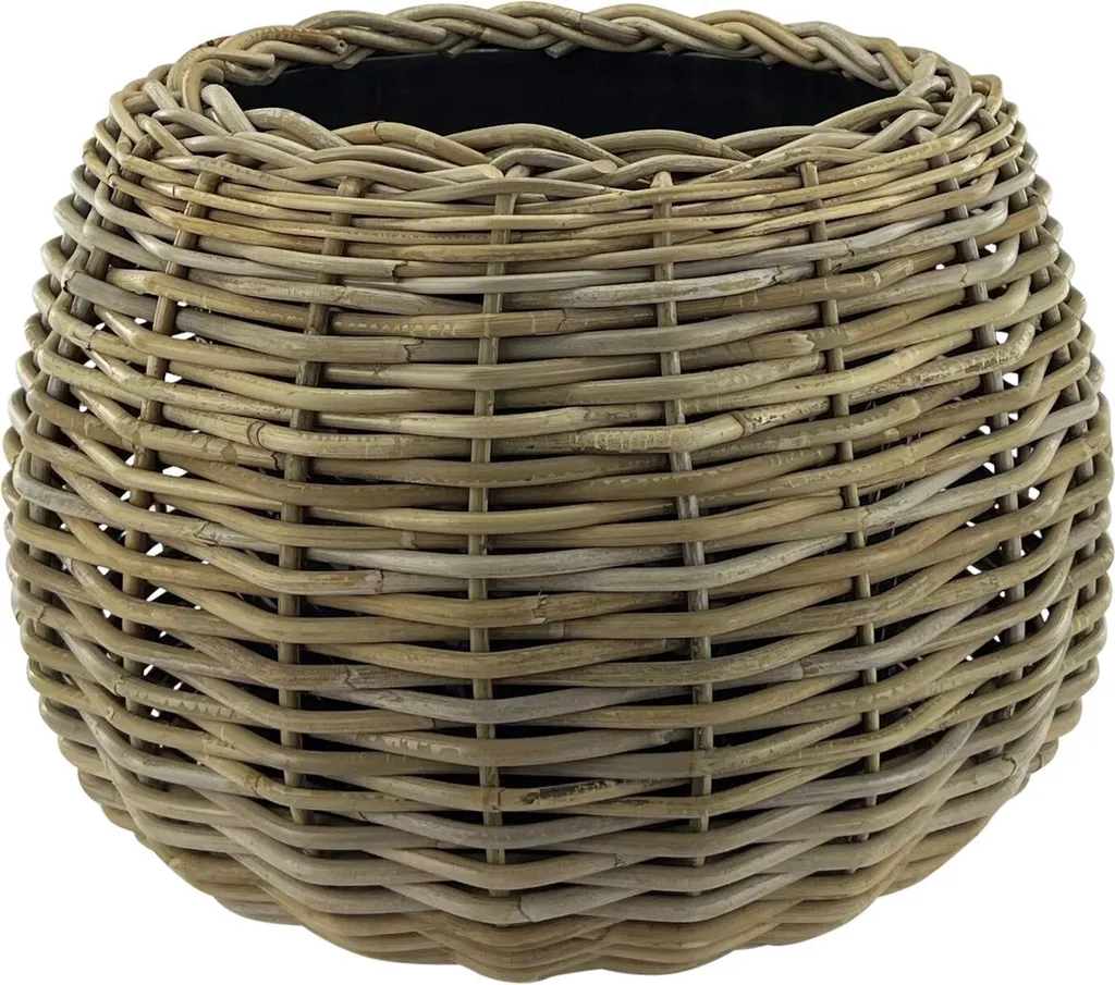Pot de fleur rond Drypot Bol 45cm en rotin tressé gris avec bac étanche