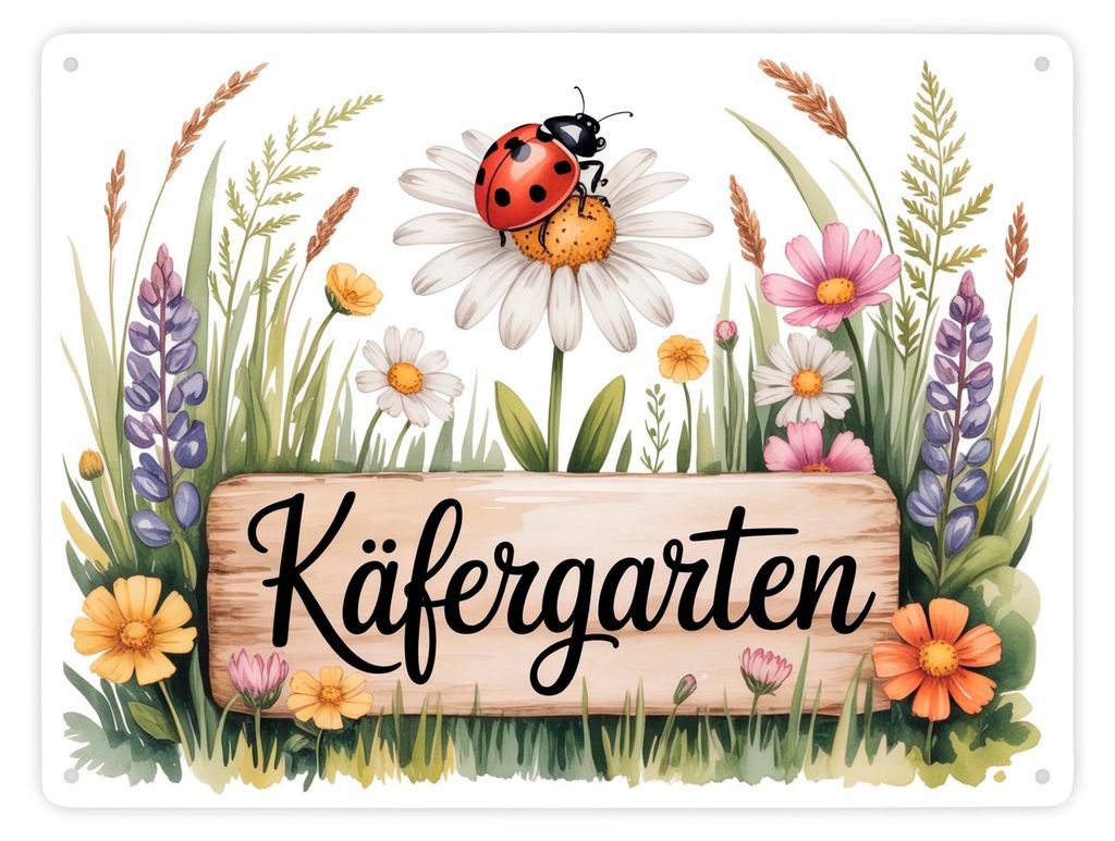 Käfergarten Marienkäfer auf Blume Metallschild XXL in 28x38 cm Cottage-Garten