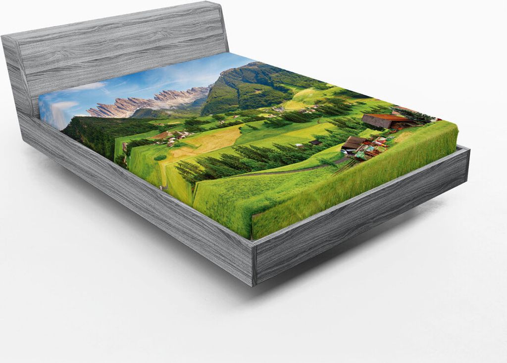 ABAKUHAUS Natur Spannbetttuch, Alpen Im Frühjahr Saison Mit Frischem Gras Himmel Majestic Mountains Bild Künstlerisch, 180 x 200 cm, Grün blau
