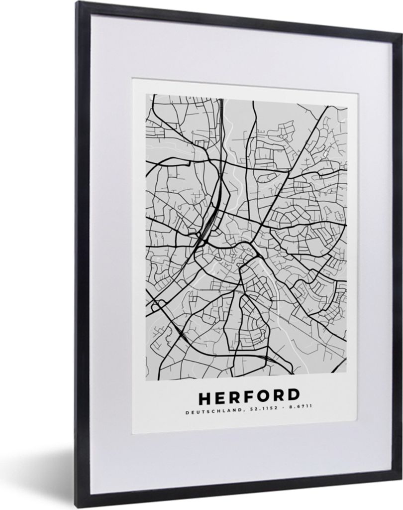 MuchoWow Gerahmtes Poster Deutschland - Stadtplan - Karte - Herford 30x40 cm - Poster mit Schwarzem Bilderrahmen Wandposter Rahmen Foto Bilder - ...