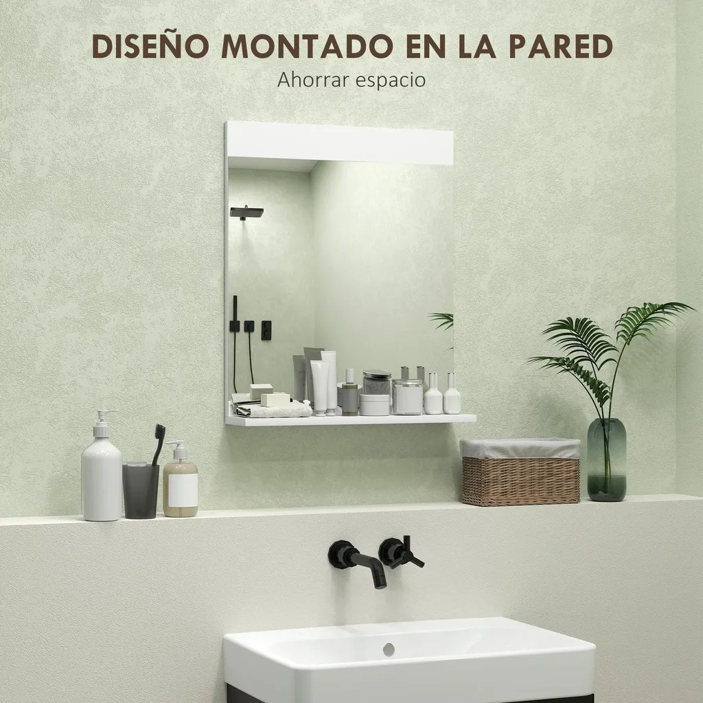 Miroir mural rectangulaire avec étagère 50x12x60 cm blanc style moderne