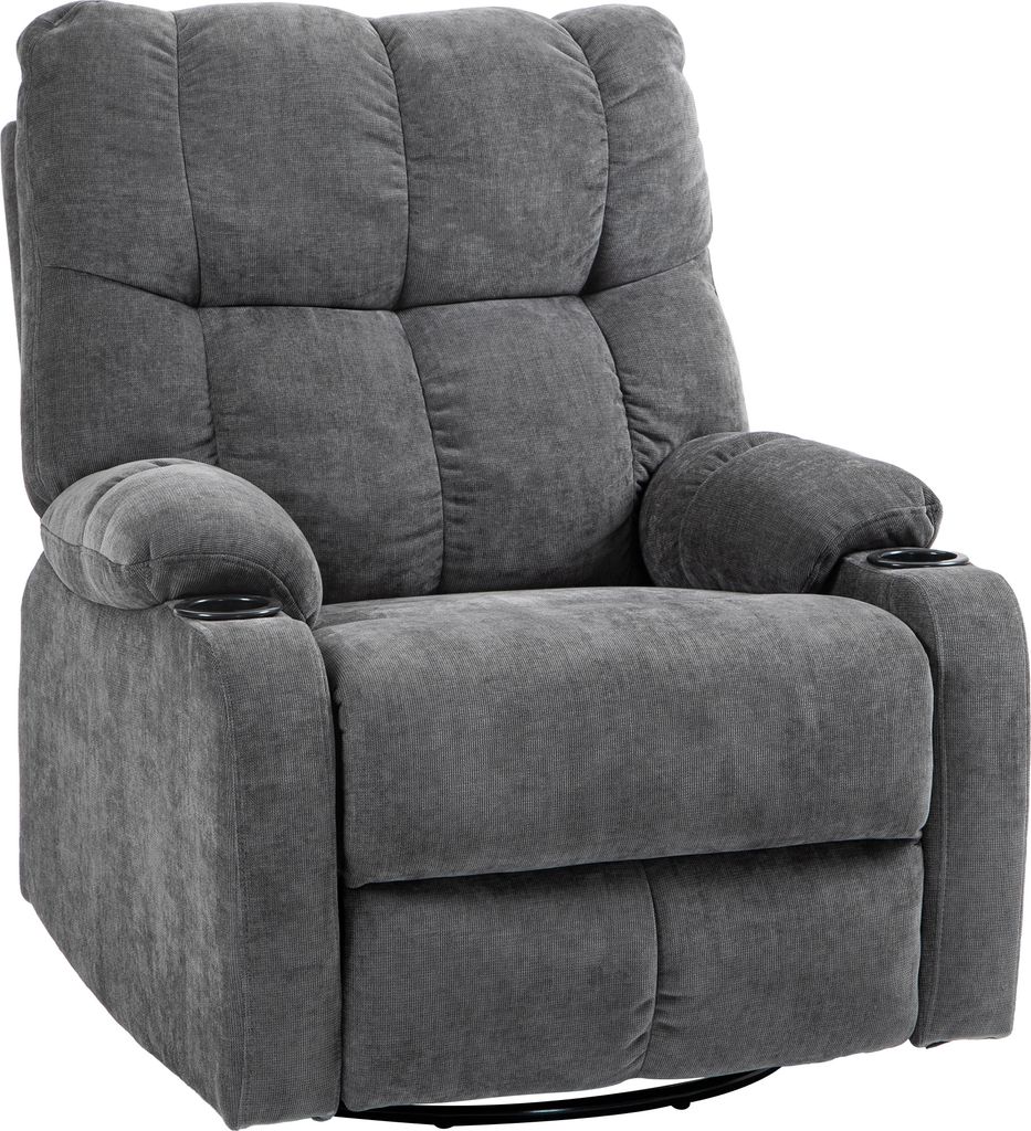 A dark gray recliner chair with cup holders on the armrests, shown from a front-diagonal angle against a white background.