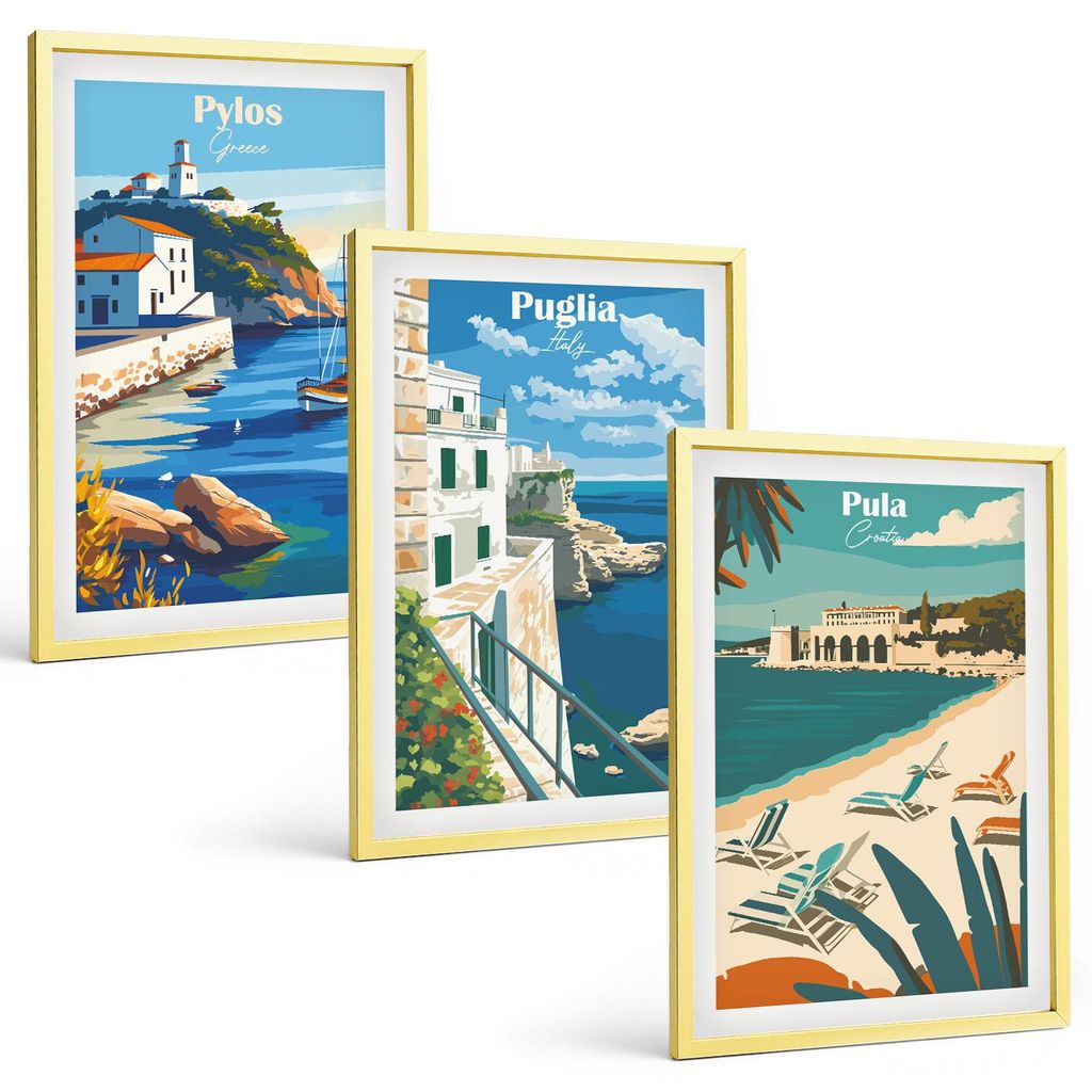 Bilder Set 3-teilig im Goldrahmen Rahmen – Wandbilder 3 Stück – gerahmte Poster für Wohnzimmer, Schlafzimmer und Flur – 40x60 cm – Küste...