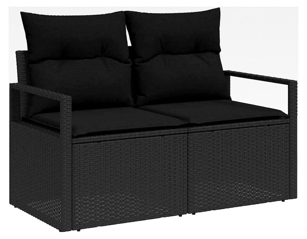 7-teiliges Garten-Sofa-Set mit Kissen in Schwarz aus Poly-Rattan, 2-Sitzer Garten-Sofa