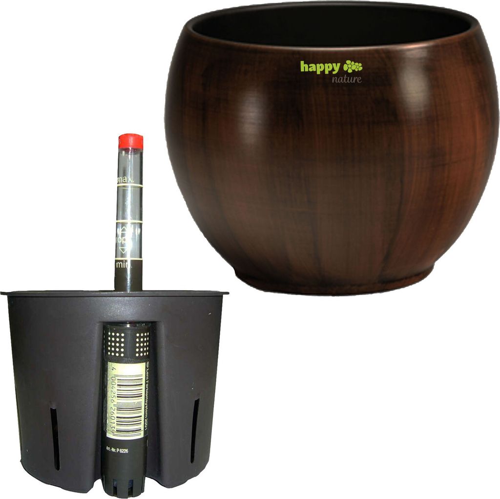 A brown ceramic planter with a black inner pot and a water level indicator.