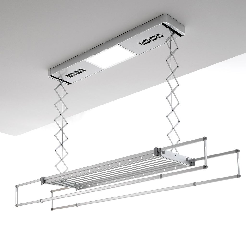 A ceiling-mounted automatic clothes drying rack with an integrated light.