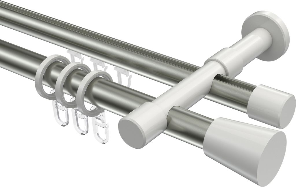 Interdeco Rundrohr-Innenlaufstange / Gardinenstange (Kombination) Edelstahl-Optik / Weiß, Typ Prestige Sitra (Konus), 20 mm Ø 2-läufig, 220 cm