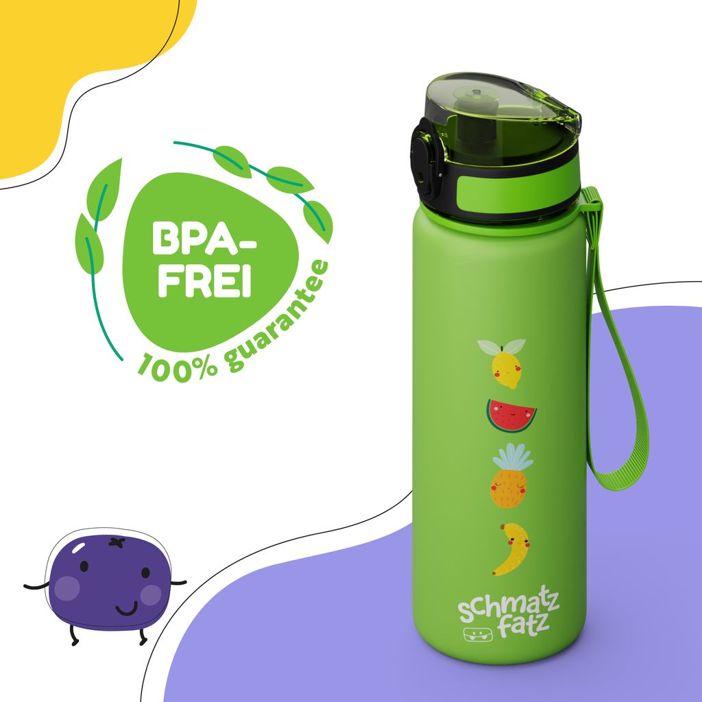 A green water bottle with fruit illustrations and a BPA-free guarantee logo is shown against a colorful background.