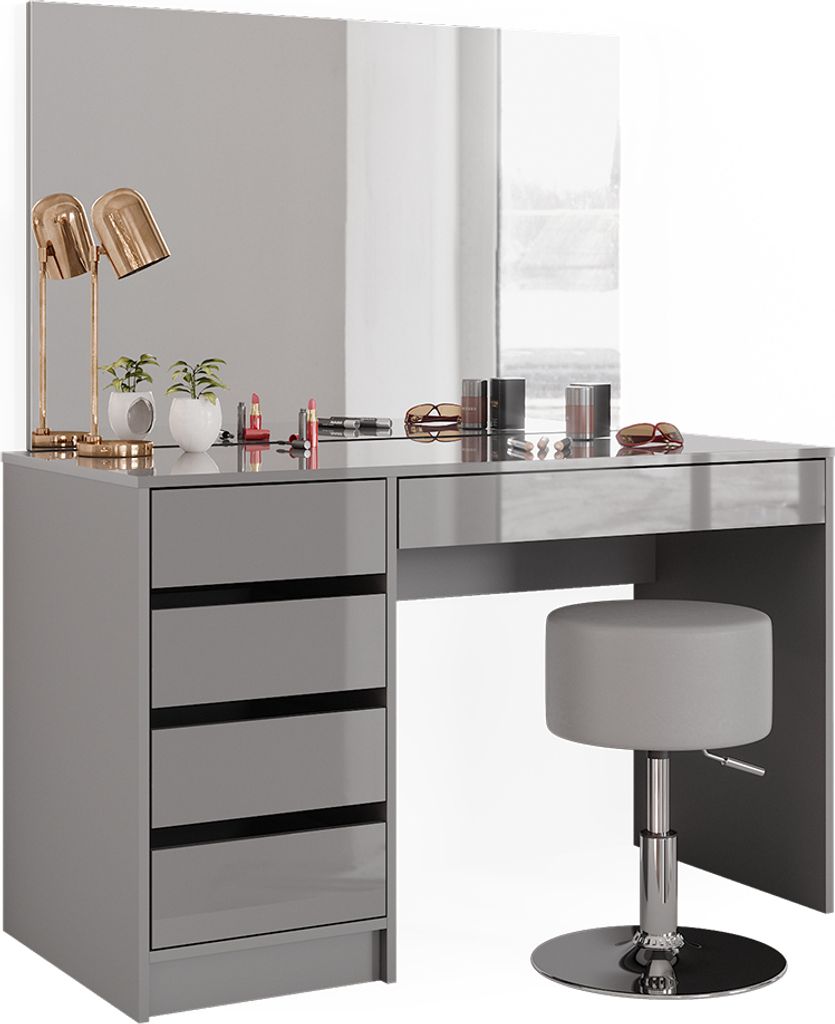 A gray high-gloss vanity table with a mirror and a stool.