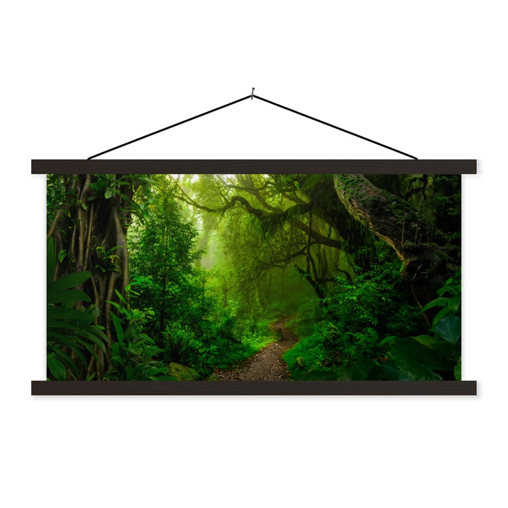 MuchoWow Textilposter Landschaft - Dschungel - Tropisch - Sonne - Grün 90x45 cm mit schwarzem Rahmen - Klemmleisten