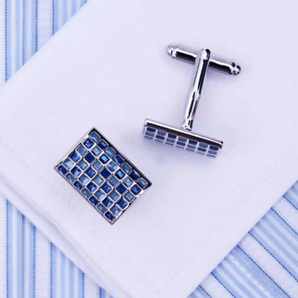 Boutons de manchette mosaïque bleue en acier chromé et verre teinté