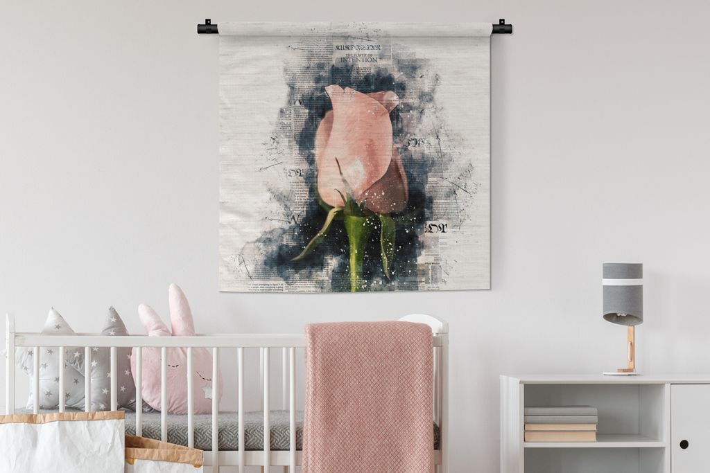 MuchoWow Wandteppich Wandbehang Rosen - Blumen - Rauch - Zeitungspapier 90x90 cm Tapisserie Dekoration Wandtuch - Wandaufhänger