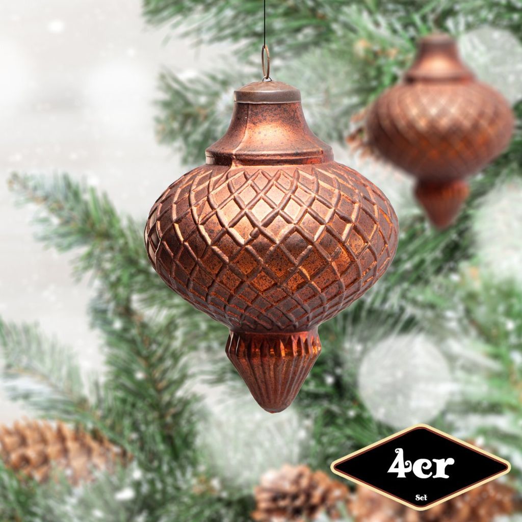 Christbaumkugelset Zapfen-Form, 4er Set |Glas, Orange, Struktur | H17,5xB14,0cm