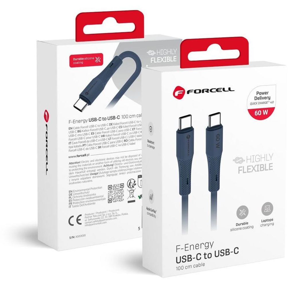 Cable USB C to USB C Forcell F-Energy QC4.0 PD 3A 60W Silicone 1 m C344 navy blue