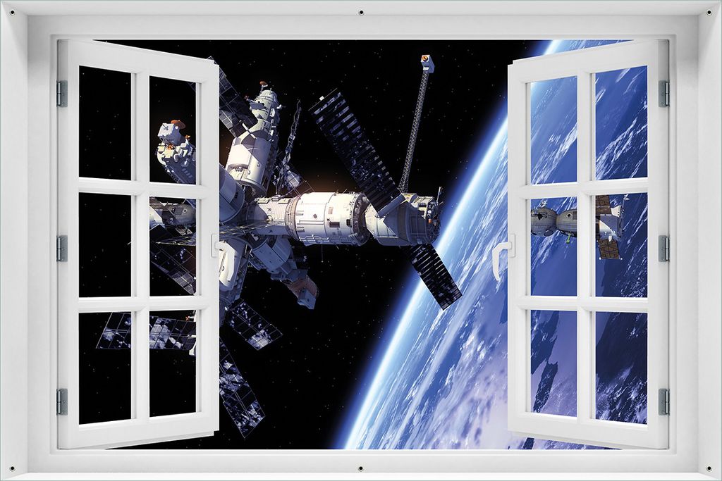 Wallario Outdoor-Poster für Garten oder Balkon 61 x 91,50 cm: Raumfahrt - Raumstation und Raumschiff im Weltall