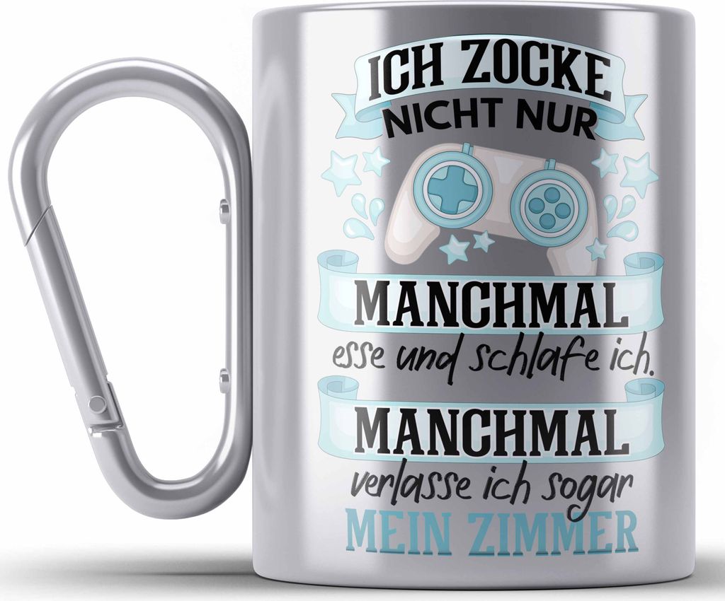 Trendation - Zocker Video Gamer Edelstahl Tasse Karabiner Geschenk Games PC Lustige Gaming Karabiner Edelstahl Tasse Karabiner Edelstahl Spruch Ges...