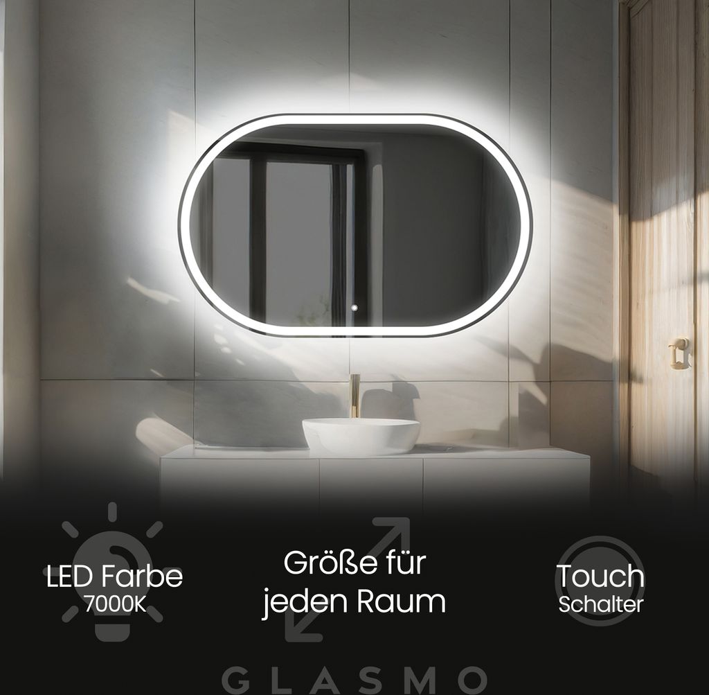 Badspiegel mit Beleuchtung 140x60 cm Freya - Horizontal Oval Spiegel mit LED Beleuchtung - Kaltweiß 7000K - Badezimmerspiegel Lichtspiegel mit Tou...