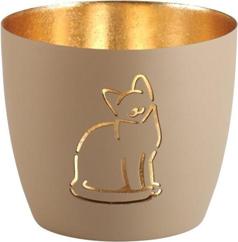Gift Company Windlicht Madras Katze M, Teelichthalter, Kerzenhalter, Eisen, sandstone / Gold, H 8.5 cm, 1121504029
