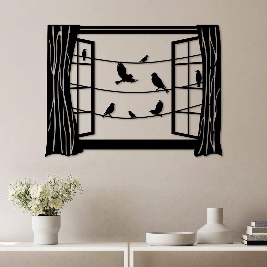 Wallity, Birds in Front Of The Window - 2, Dekoratives Wandaccessoire aus Metall, 100 % METALL, Schwarz, 70 x 52 cm