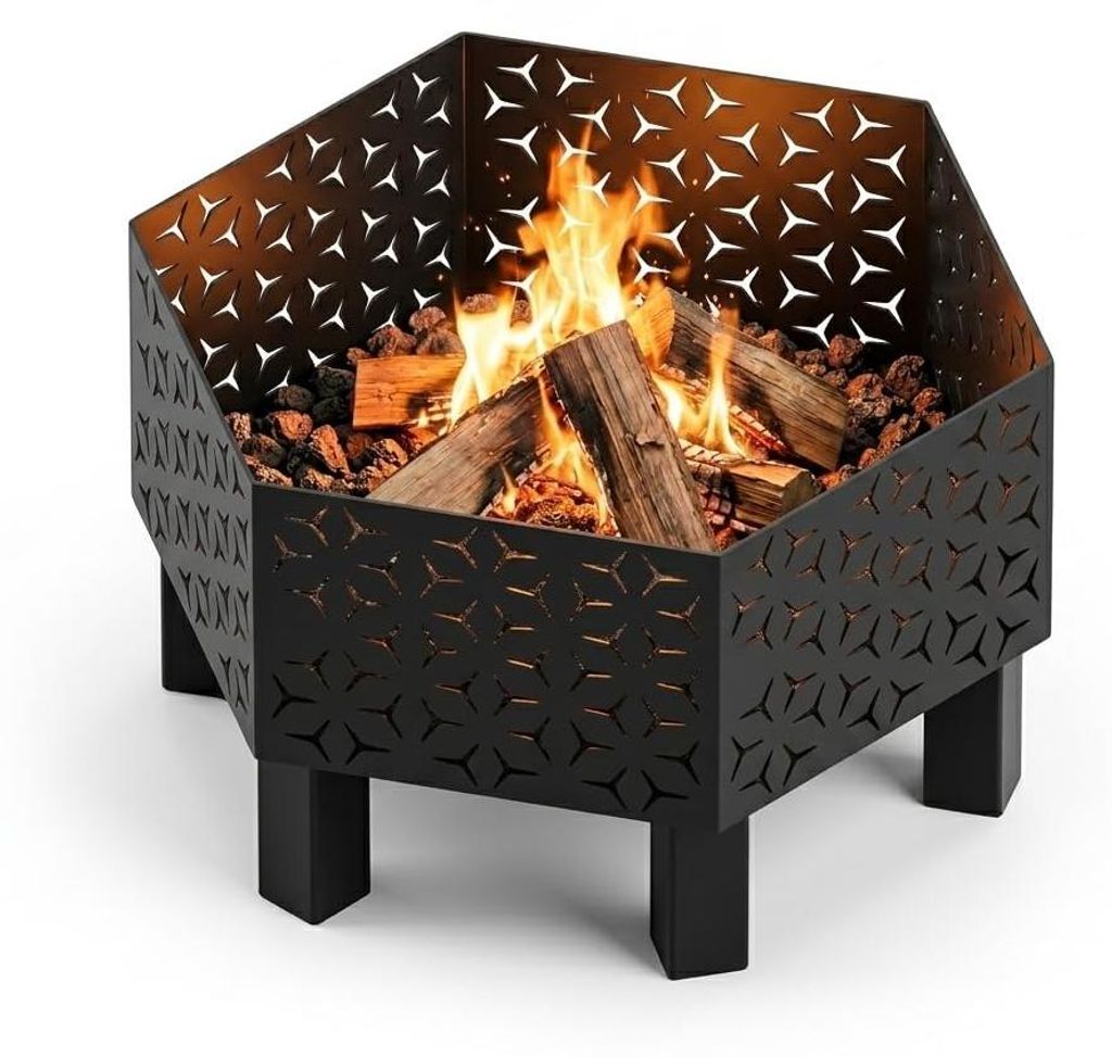 MetaloPro Hexa Nexus Feuerschale sechseckig – Feuerstelle Garten 70 cm, 3 mm Stahl geschweißt, Lasercut Netzwerk-Muster, schwarz pulverbeschicht...