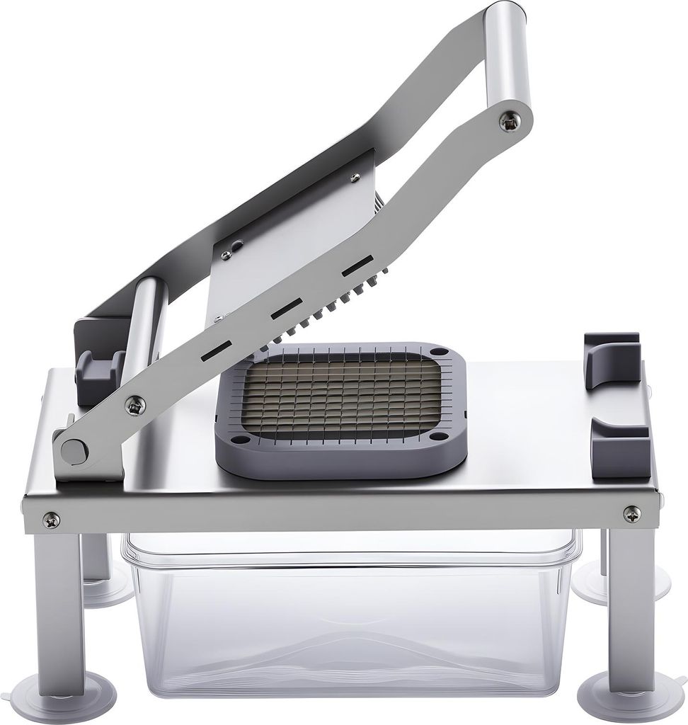 A stainless steel french fry cutter with a clear plastic container underneath.