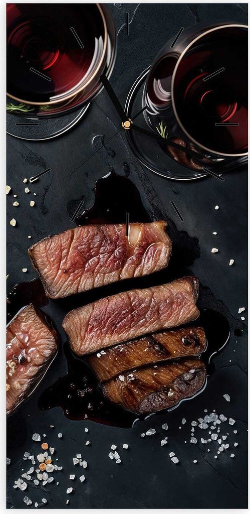 Wanduhr aus Glas mit Motiv Steak und Rotwein- 30 x 60 cm - inkl. Aufhängesystem