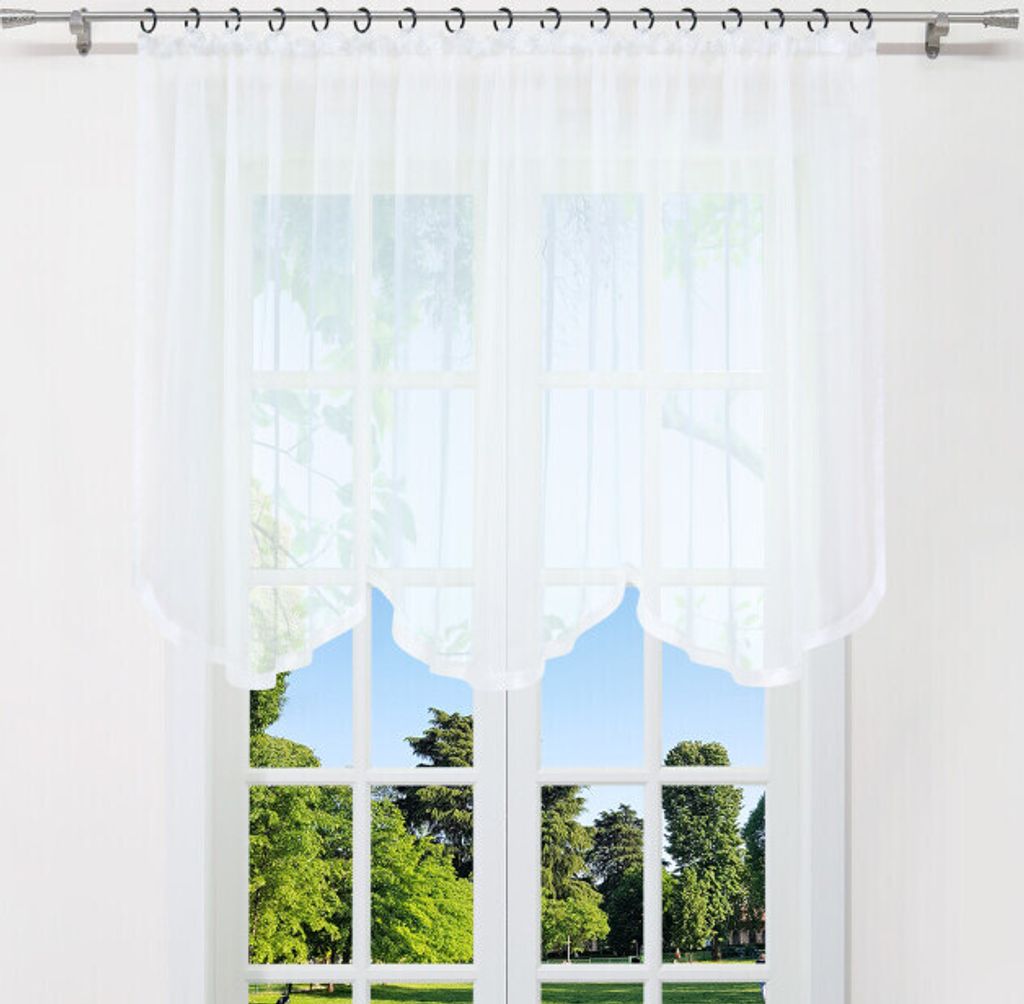 Joyswahl Voile Fertig Gardine mit Kräuselband Vorhang Bogenstore Scheibengardine mit Satinband transparent Weiß HxB 120x300 cm