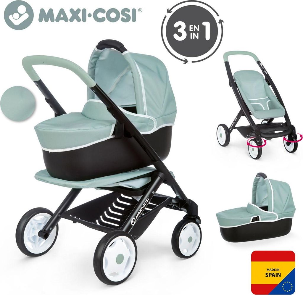 A collage of a Smoby Maxi-Cosi 3-in-1 Kombi doll stroller in mint green and black, showing different configurations and a close-up of the bassinet.