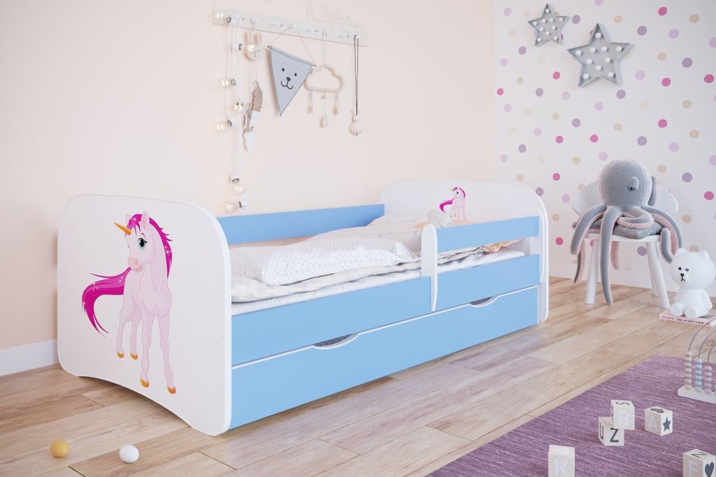 Kinderbett Jugendbett 70x140 cm Blau mit Matratze Rausfallschutz Schublade und Lattenrost Kinderbetten für Mädchen und Junge - Einhorn_2