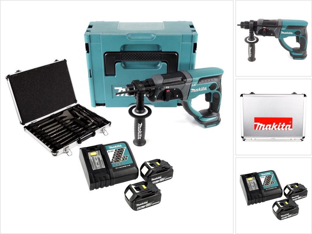 Makita DHR 202 RTJ 18 V Akku Kombihammer SDS-Plus im Makpac + 2x 5,0 Ah Akku + DC18RC Ladegerät + D-42444 SDS-Plus Bohrer-Meißel-Set 17 tlg. im A...