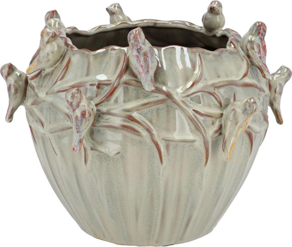 Blumentopf/Pflanztopf Fruhlingsvogel - moosgrun - Keramik - D19 x H15 cm